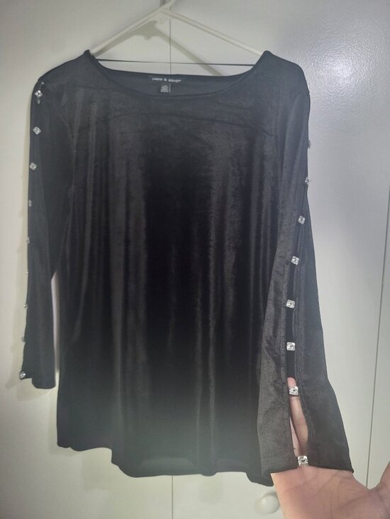 Cable & Gauge Tops - Cable & Gauge Womens LG Black Velvet Top Open Sleeves Bling Rhinetones Goth Glam